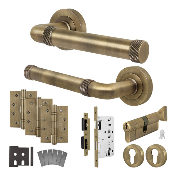 Santana Antique Brass Lever on Rose Door Handle Kit - Heavy Duty FD30/60 - DIN Euro Sashlock and Thumbturn Cylinder - Keyed to Differ - tradefit - Featured Image