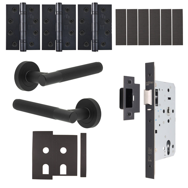 Aurora Matt Black Lever on Rose Door Handle Kit - Heavy Duty FD30/60 - DIN Latch - tradefit - Featured Image