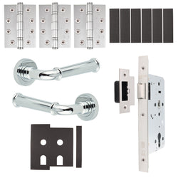 Claro Polished Chrome Lever on Rose Door Handle Kit - Heavy Duty FD30/60 - DIN Latch - tradefit