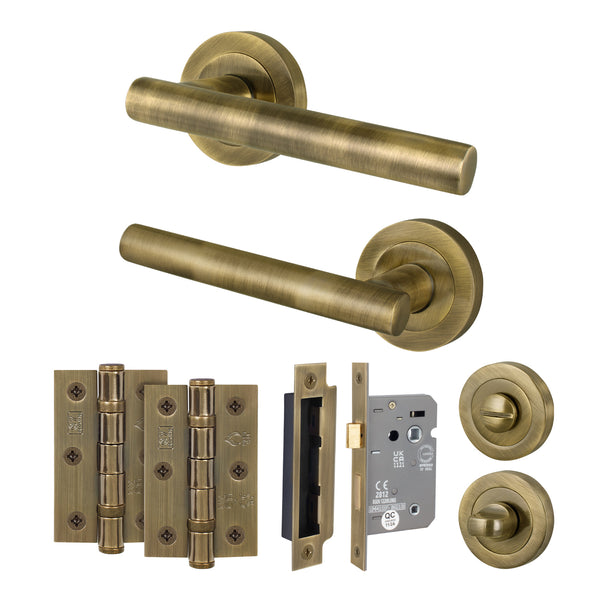 Olbia Antique Brass Lever on Rose Door Handle Pack - 64mm Bathroom Lock - Featured Image