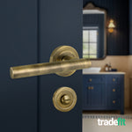 Olbia Antique Brass Lever on Rose Door Handle Pack - 80mm Bathroom Lock - 6