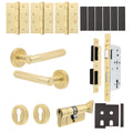 Dumont Satin Brass Lever on Rose Door Handle Kit - Heavy Duty FD30/60 - DIN Euro Sashlock and Thumbturn Cylinder - Master Keyed