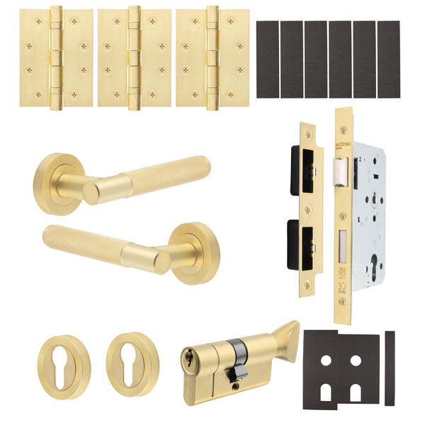 Dumont Satin Brass Lever on Rose Door Handle Kit - Heavy Duty FD30/60 - DIN Euro Sashlock and Thumbturn Cylinder - Master Keyed - tradefit - Featured Image