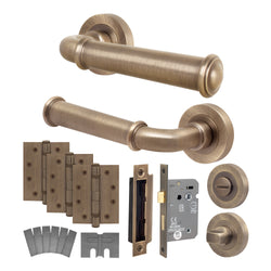 Claro Antique Brass Lever on Rose Door Handle Kit - Medium Duty FD30/60 - 80mm Bathroom Lock - tradefit