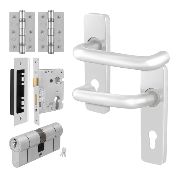 Return to Door Lever on Backplate Satin Aluminium Door Handle Kit - Medium Duty - 80mm Euro Sashlock and Double Cylinder - Keyed Alike - tradefit - Featured Image