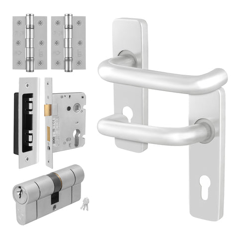 Return to Door Lever on Backplate Satin Aluminium Door Handle Kit - Medium Duty - 80mm Euro Sashlock and Double Cylinder - Keyed to Differ - tradefit