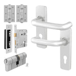Return to Door Lever on Backplate Satin Aluminium Door Handle Kit - Medium Duty - 80mm Euro Sashlock and Double Cylinder - Master Keyed - tradefit - 1