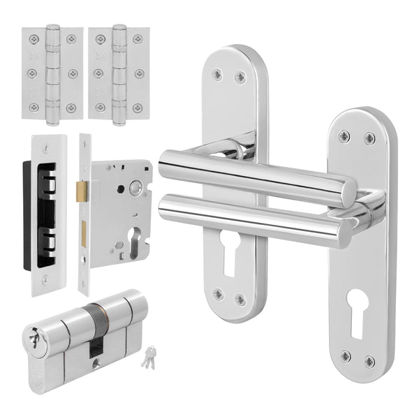 Olbia Polished Chrome Lever on Backplate Door Handle Kit - 80mm Euro Sashlock and Double Cylinder - Keyed to Differ - tradefit - Featured Image