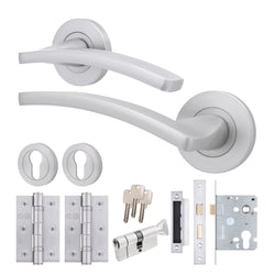 Euroda - Plus Satin Chrome Lever on Rose Door Handle Pack - 3 Lever Lock & Thumbturn Cylinder - tradefit