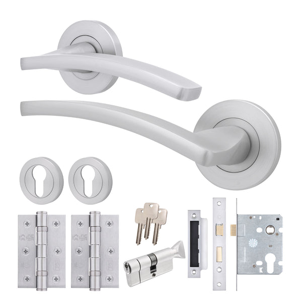 Euroda - Plus Satin Chrome Lever on Rose Door Handle Pack - 3 Lever Lock & Thumbturn Cylinder - tradefit - Featured Image