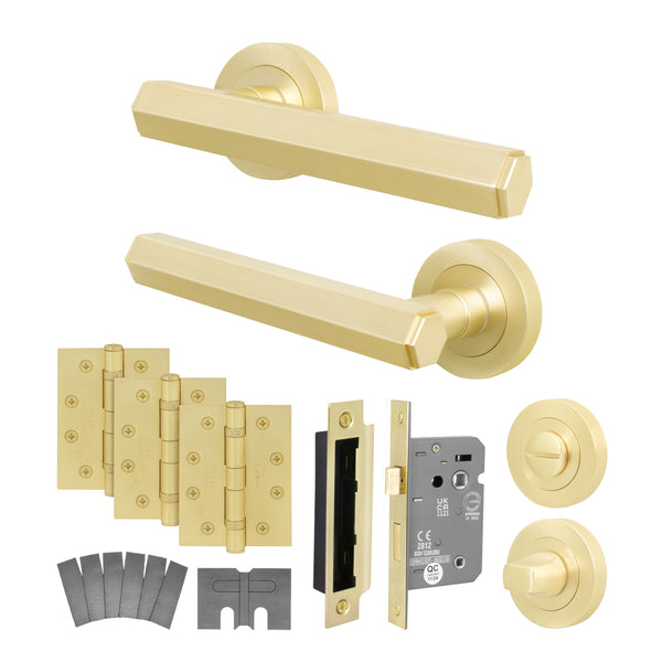 Moreno Satin Brass Lever on Rose Door Handle Kit - Medium Duty FD30/60 - 80mm Bathroom Lock - tradefit - Featured Image