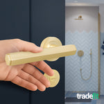 Moreno Satin Brass Lever on Rose Door Handle Kit - Medium Duty FD30/60 - 80mm Bathroom Lock - tradefit - 6