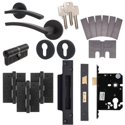 Euroda - Plus Black Lever on Rose Fire Door Handle Pack - Euro Lock & Cylinder - FD30/60 - tradefit