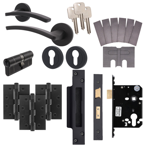 Euroda - Plus Black Lever on Rose Fire Door Handle Pack - Euro Lock & Cylinder - FD30/60 - tradefit - Featured Image