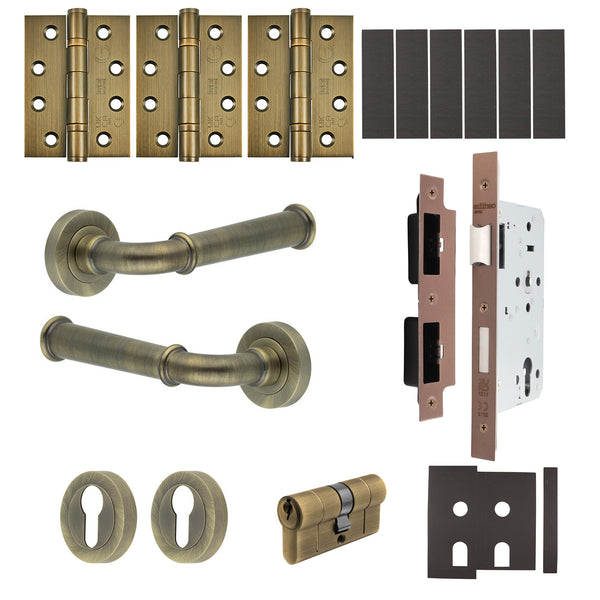 Claro Antique Brass Lever on Rose Door Handle Kit - Heavy Duty FD30/60 - DIN Euro Sashlock and Double Cylinder - Keyed to Differ - tradefit - Featured Image
