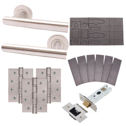 Satin Stainless T - Bar Door Handle on Rose Fire Door Pack - Latch - FD30/60 - tradefit