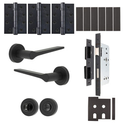 Tapera Matt Black Lever on Rose Door Handle Kit - Heavy Duty FD30/60 - DIN Bathroom Lock - tradefit