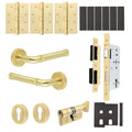 Santana Satin Brass Lever on Rose Door Handle Kit - Heavy Duty FD30/60 - DIN Euro Sashlock and Thumbturn Cylinder - Keyed to Differ