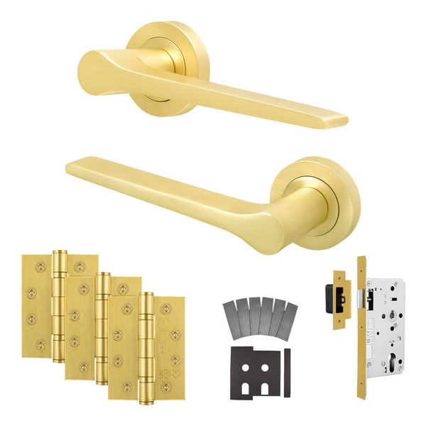 Tapera Satin Brass Lever on Rose Door Handle Kit - Heavy Duty FD30/60 - DIN Latch - tradefit - Featured Image