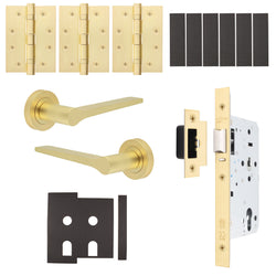 Tapera Satin Brass Lever on Rose Door Handle Kit - Heavy Duty FD30/60 - DIN Latch - tradefit