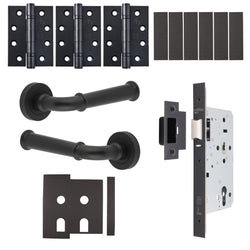 Claro Matt Black Lever on Rose Door Handle Kit - Heavy Duty FD30/60 - DIN Latch - tradefit