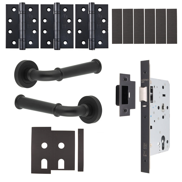 Claro Matt Black Lever on Rose Door Handle Kit - Heavy Duty FD30/60 - DIN Latch - tradefit - Featured Image