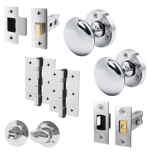 Victorian Polished Chrome Mortice Door Knob Kit - 76mm Bathroom Deadbolt & 76mm Hinges - tradefit - Featured Image