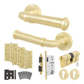 Claro Satin Brass Lever on Rose Door Handle Kit - Heavy Duty FD30/60 - DIN Euro Sashlock and Double Cylinder - Master Keyed