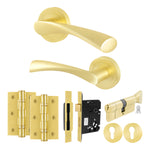 Nola Satin Brass Lever on Rose Door Handle Kit - 78mm Euro Sashlock and Thumbturn Cylinder - Keyed Alike - tradefit - 1