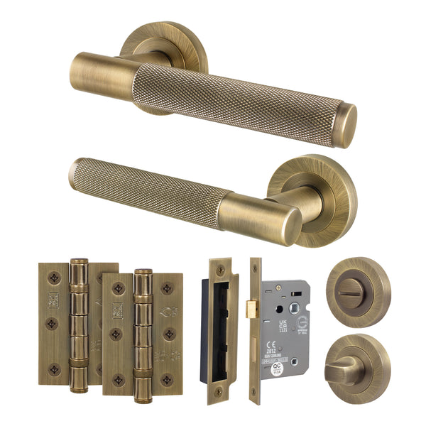 Dumont Antique Brass Lever on Rose Door Handle Kit - 64mm Bathroom Lock - tradefit - Featured Image