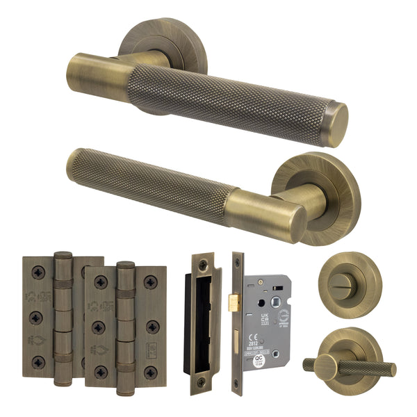 Dumont Antique Brass Lever on Rose Door Handle Kit - 64mm Bathroom Lock - Featured Image