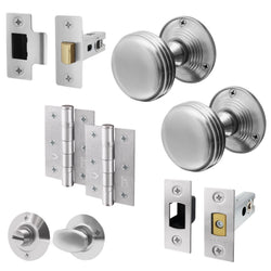 Victorian Ringed Satin Chrome Mortice Door Knob Kit - 76mm Bathroom Deadbolt - tradefit