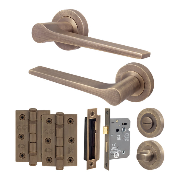 Tapera Antique Brass Lever on Rose Door Handle Kit - 64mm Bathroom Lock - tradefit - Featured Image