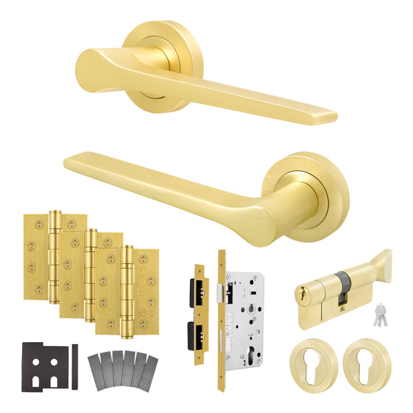 Tapera Satin Brass Lever on Rose Door Handle Kit - Heavy Duty FD30/60 - DIN Euro Sashlock and Thumbturn Cylinder - Keyed Alike - tradefit - Featured Image