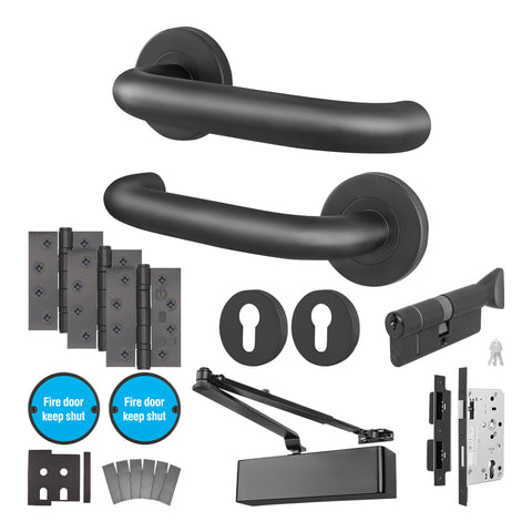 Fire Door Kit - Office Locking Door - Medium Duty - Cylinder & Turn Keyed Differ - Matt Black - tradefit