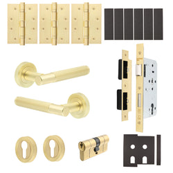 Aurora Satin Brass Lever on Rose Door Handle Kit - Heavy Duty FD30/60 - DIN Euro Sashlock and Double Cylinder - Keyed Alike - tradefit