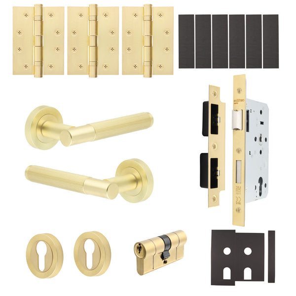 Aurora Satin Brass Lever on Rose Door Handle Kit - Heavy Duty FD30/60 - DIN Euro Sashlock and Double Cylinder - Keyed Alike - tradefit - Featured Image