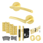Bosa Satin Brass Lever on Rose Door Handle Kit - Standard Duty FD30/60 - 80mm Euro Sashlock and Thumbturn Cylinder - Master Keyed - tradefit - 1