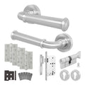 Claro Satin Nickel Lever on Rose Door Handle Kit - Heavy Duty FD30/60 - DIN Euro Sashlock and Thumbturn Cylinder - Keyed Alike
