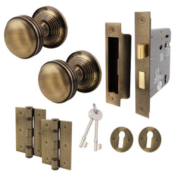 Victorian Ringed Antique Brass Mortice Door Knob Kit - 80mm Sashlock - tradefit
