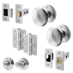 Victorian Satin Chrome Mortice Door Knob Kit - 76mm Bathroom Deadbolt & 76mm Hinges - tradefit