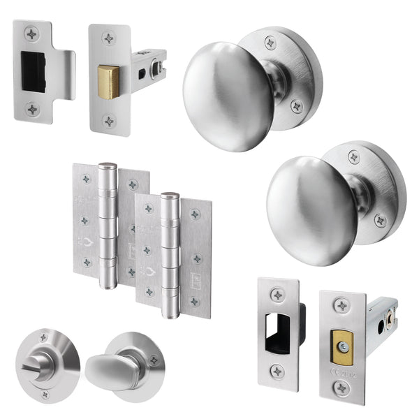 Victorian Satin Chrome Mortice Door Knob Kit - 76mm Bathroom Deadbolt & 76mm Hinges - tradefit - Featured Image