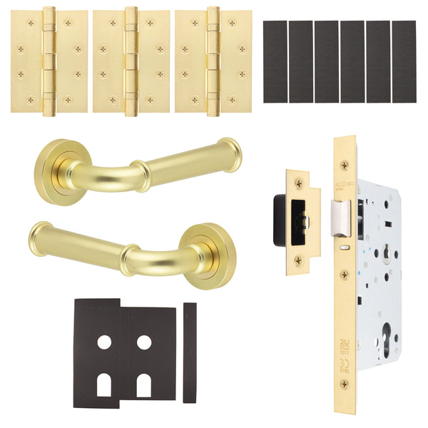 Claro Satin Brass Lever on Rose Door Handle Kit - Heavy Duty FD30/60 - DIN Latch - tradefit - Featured Image