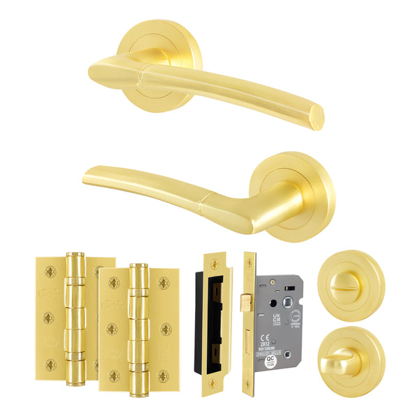 Bosa Satin Brass Lever on Rose Door Handle Pack - 64mm Bathroom Lock - tradefit - Featured Image