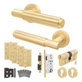 Flores Satin Brass Lever on Rose Door Handle Kit - Heavy Duty FD30/60 - DIN Euro Sashlock and Double Cylinder - Keyed to Differ