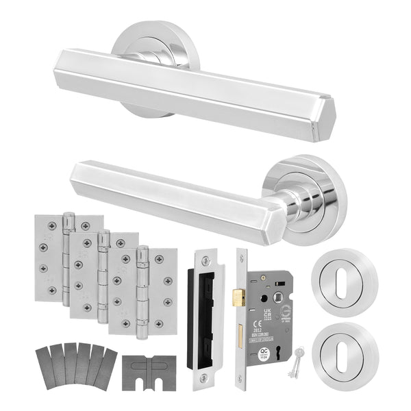 Moreno Polished Chrome Lever on Rose Door Handle Kit - Medium Duty FD30/60 - 80mm Sashlock - tradefit - Featured Image