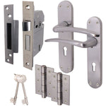 Satin Lever on Backplate 5 Lever Lock Kit / Pack Zeno Design - 66mm Lock - 76mm Hinges - Satin Chrome - tradefit - 1