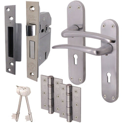Satin Lever on Backplate 5 Lever Lock Kit / Pack Zeno Design - 66mm Lock - 76mm Hinges - Satin Chrome - tradefit