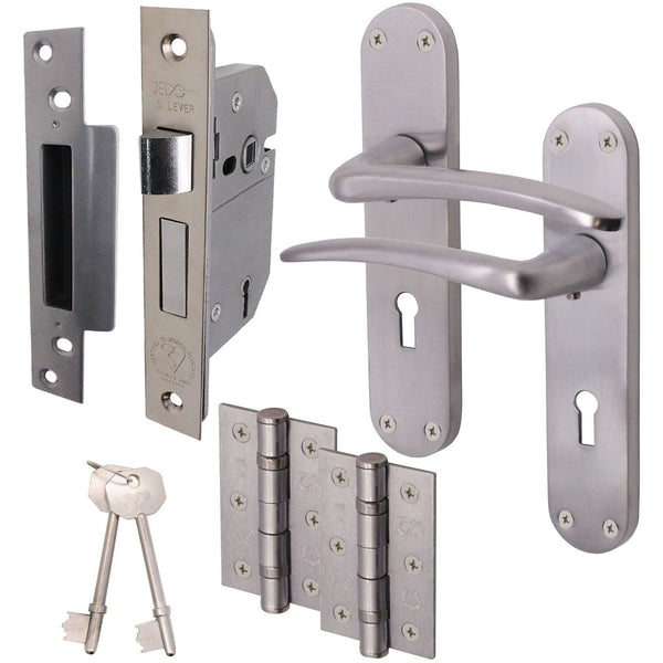 Satin Lever on Backplate 5 Lever Lock Kit / Pack Zeno Design - 66mm Lock - 76mm Hinges - Satin Chrome - tradefit - Featured Image