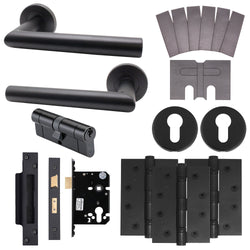 Black Mitred Door Handle on Rose Fire Door Pack - Euro Sashlock and Double Cylinder - FD30/60 - tradefit